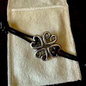 James Avery brown leather rugged bracelet with silver heart flower. 7 in